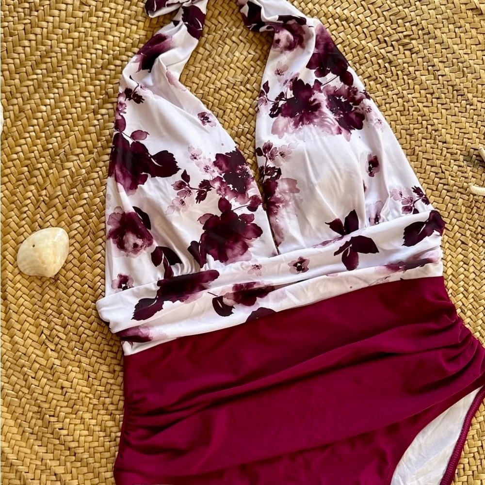 Cider Burgundy and White Floral One Piece Swimsuit